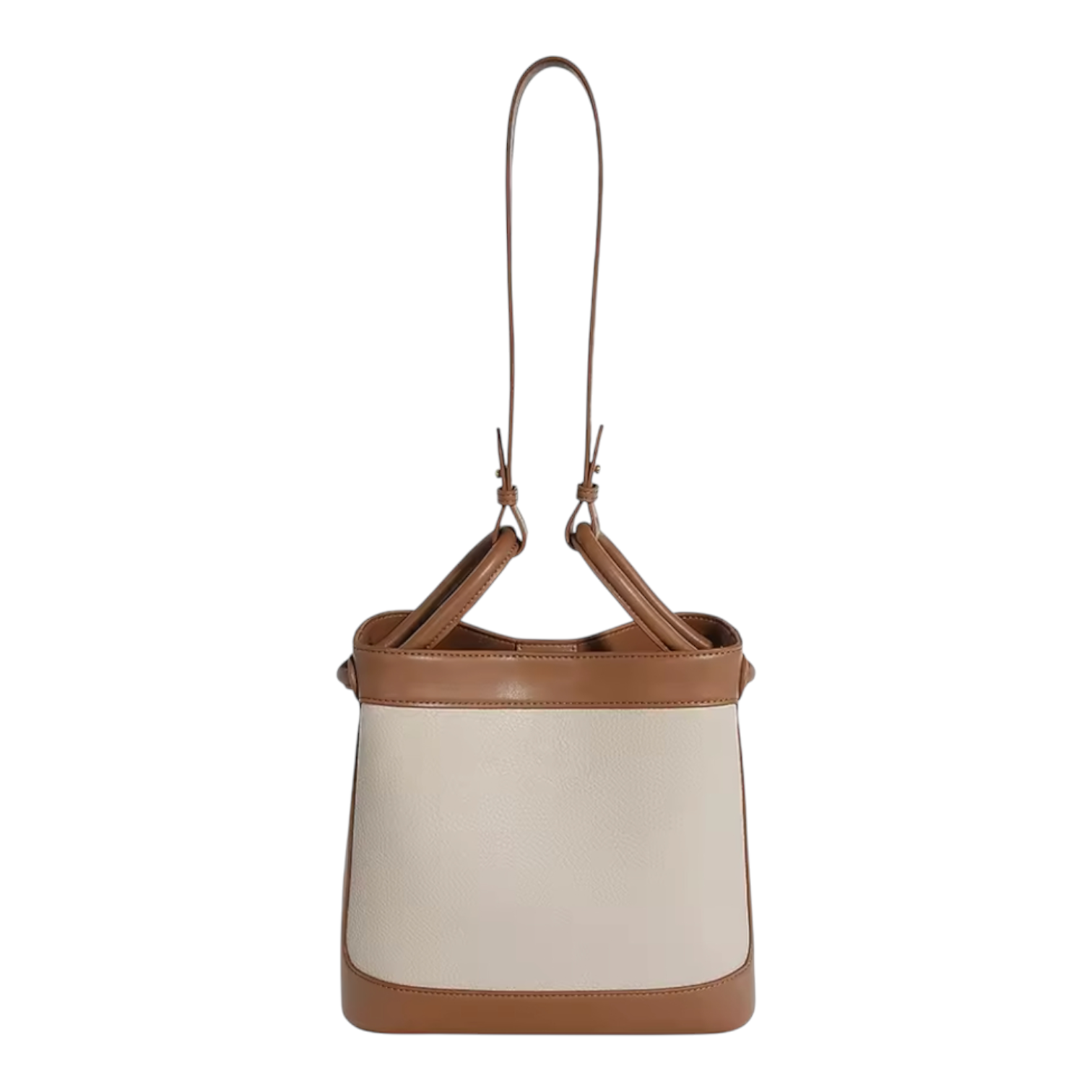Beige and brown handbag with a strap on a white background