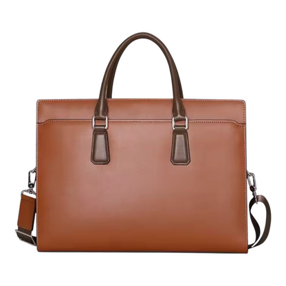 Front view of a brown leather messenger bag with shoulder strap on a white background