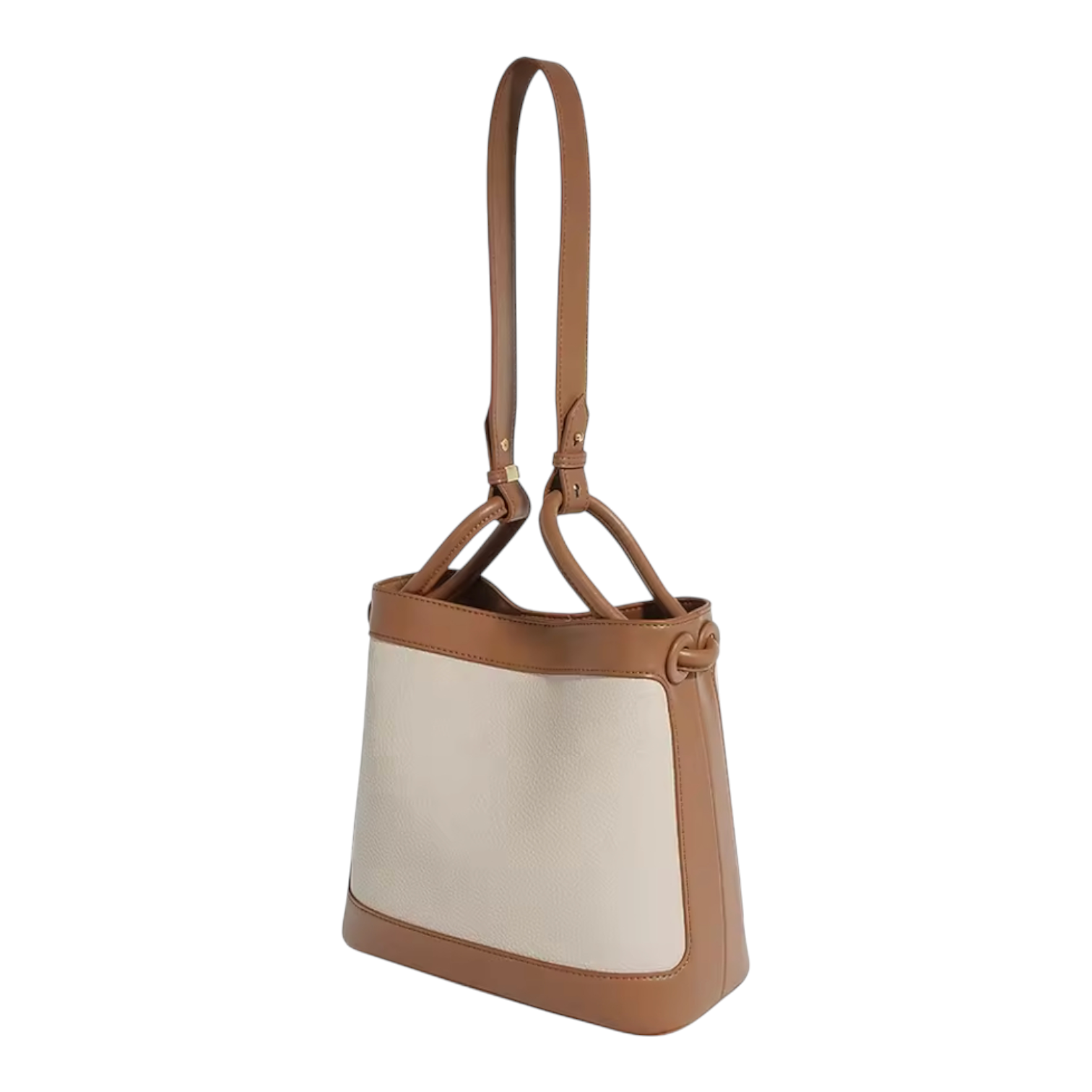 Handbag with beige body and brown handles and trim on a white background