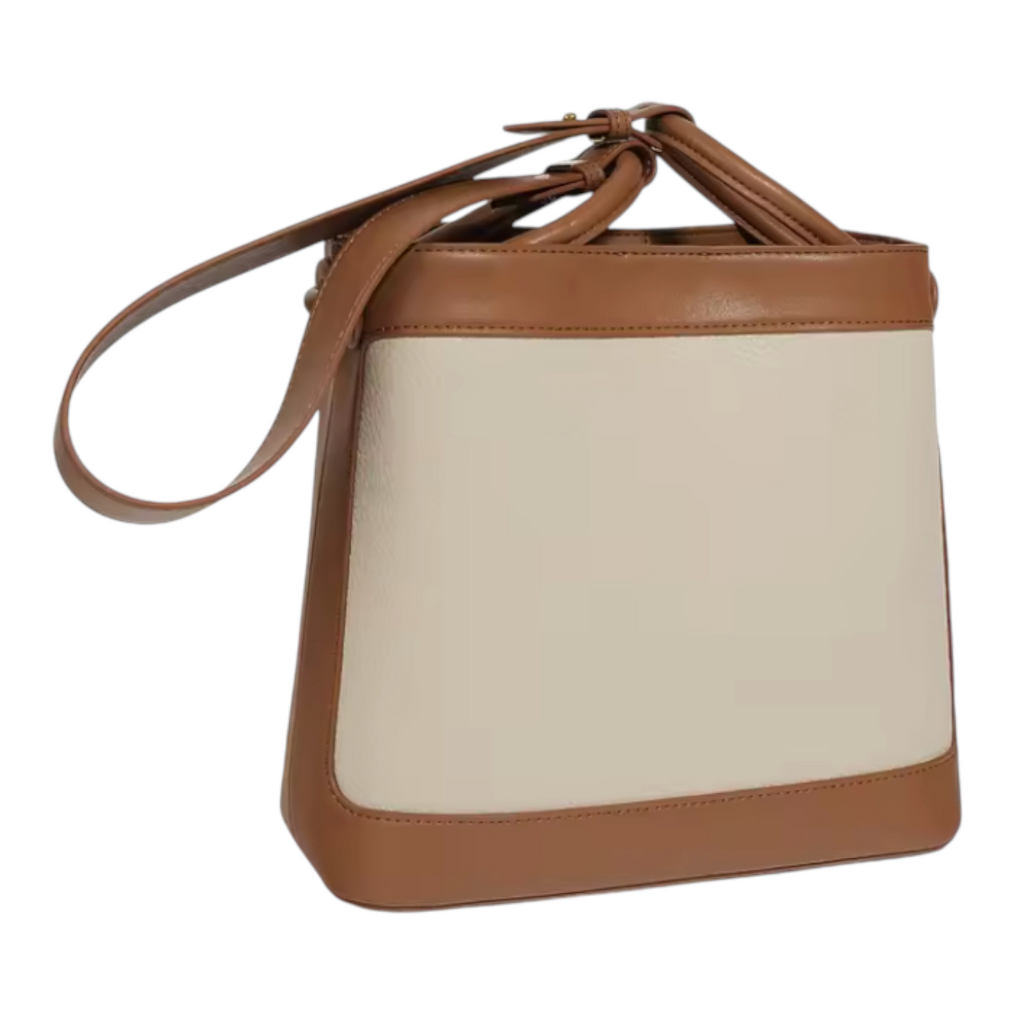 Beige and brown handbag with a strap on a white background