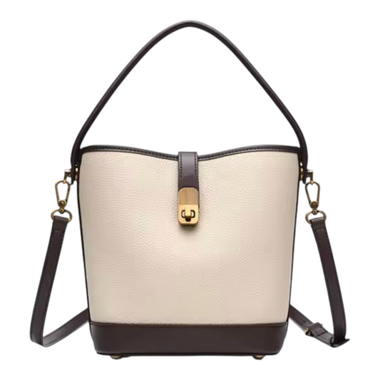 Beige handbag with brown accents on a white background