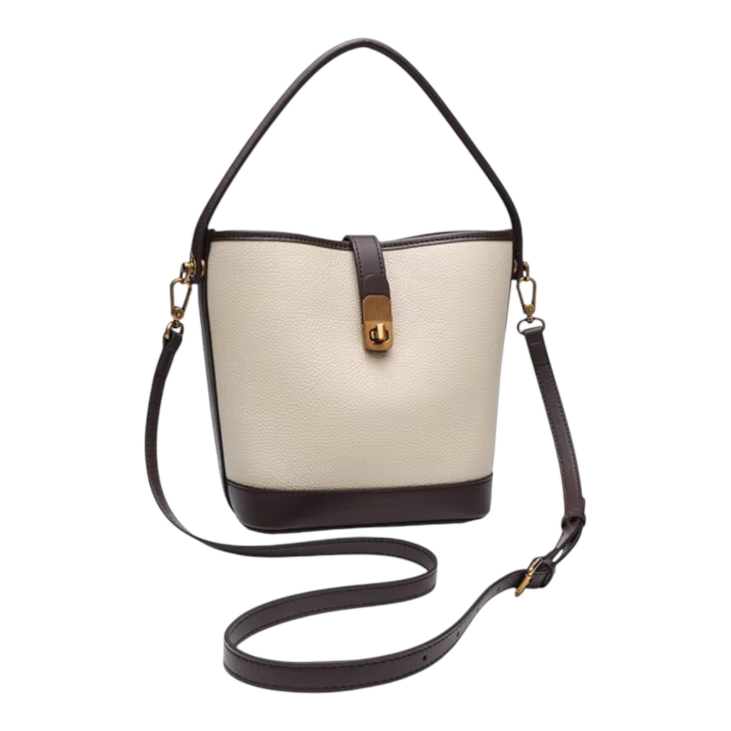 Beige handbag with brown accents on a white background
