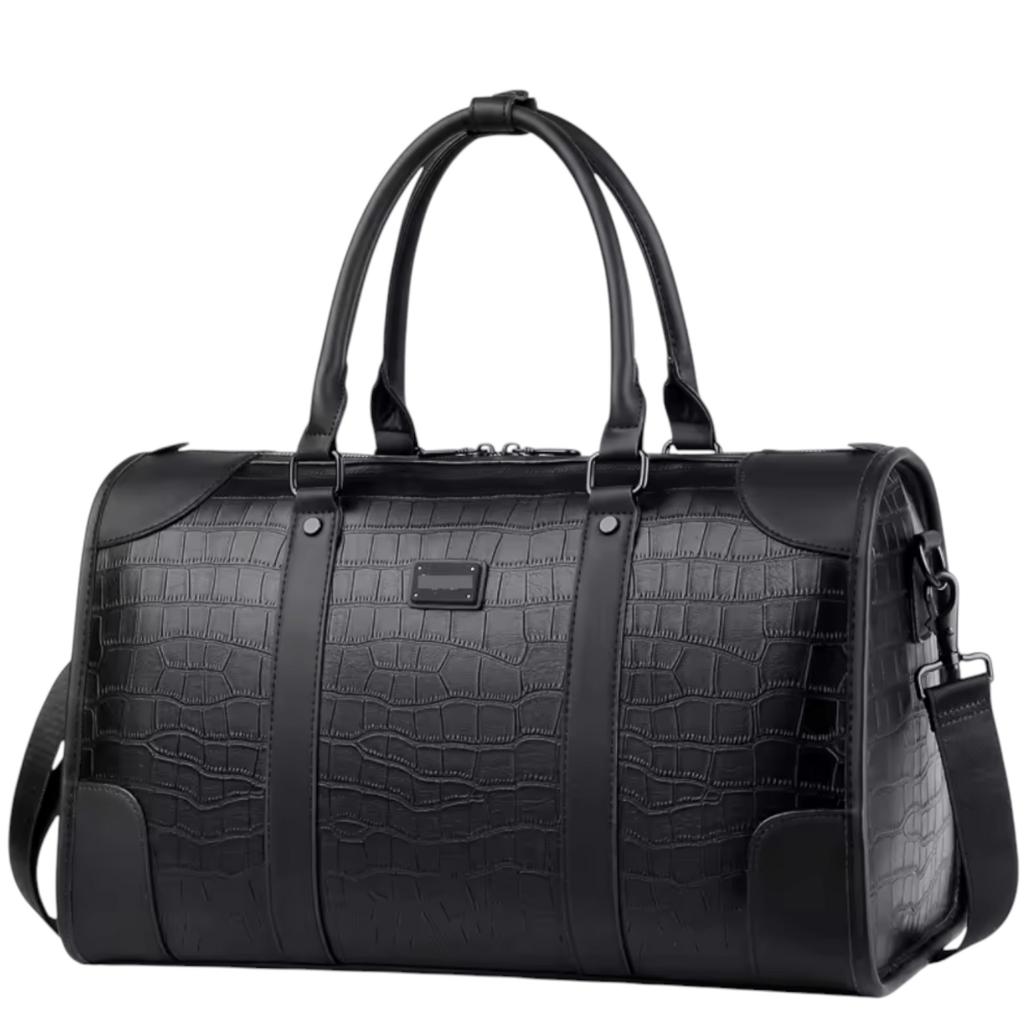 Front view of a black textured duffel bag on a white background