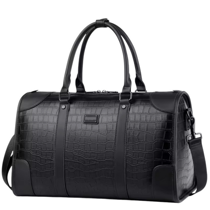 Front view of a black textured duffel bag on a white background