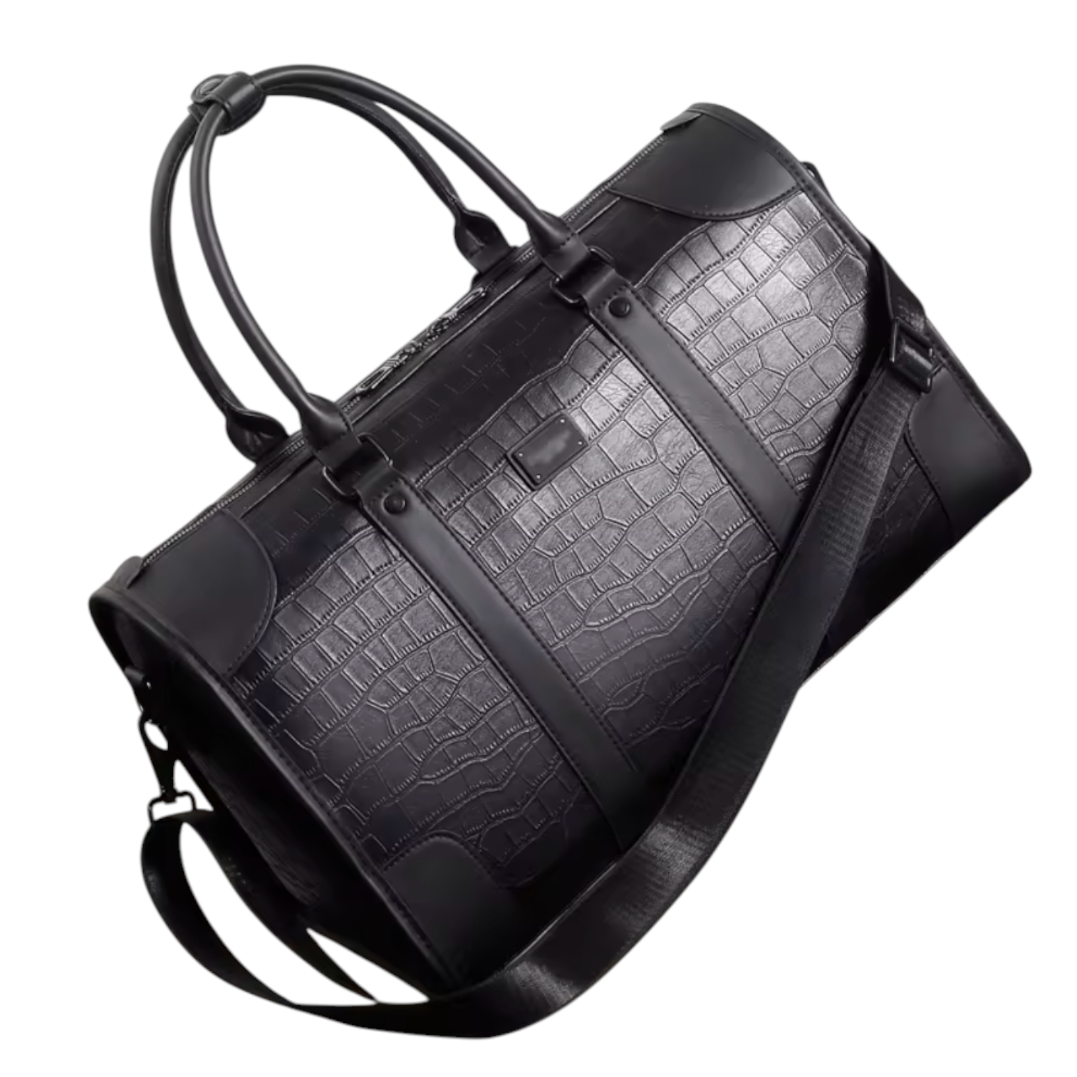 Black textured duffel bag on a white background