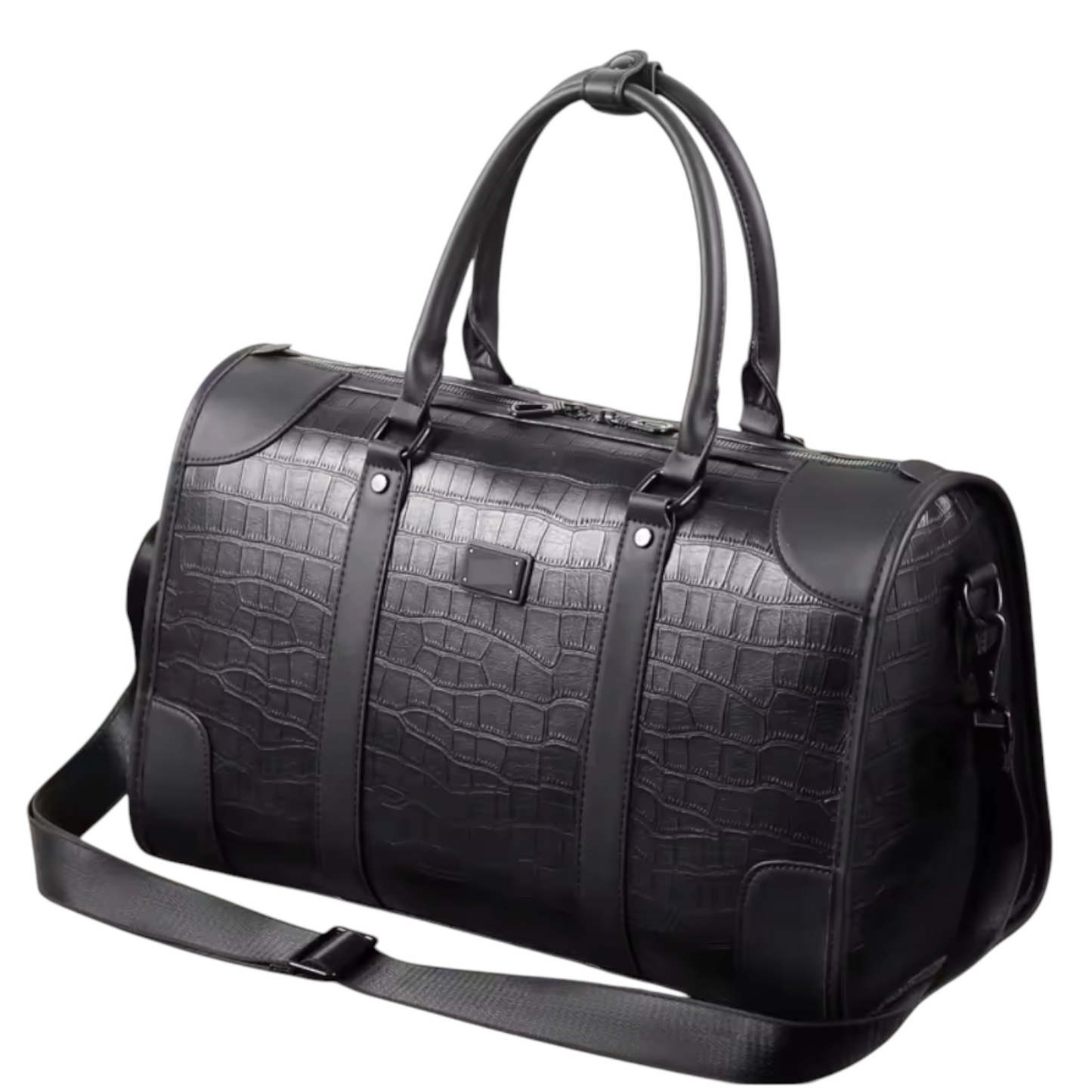 Black textured duffel bag with straps on a white background