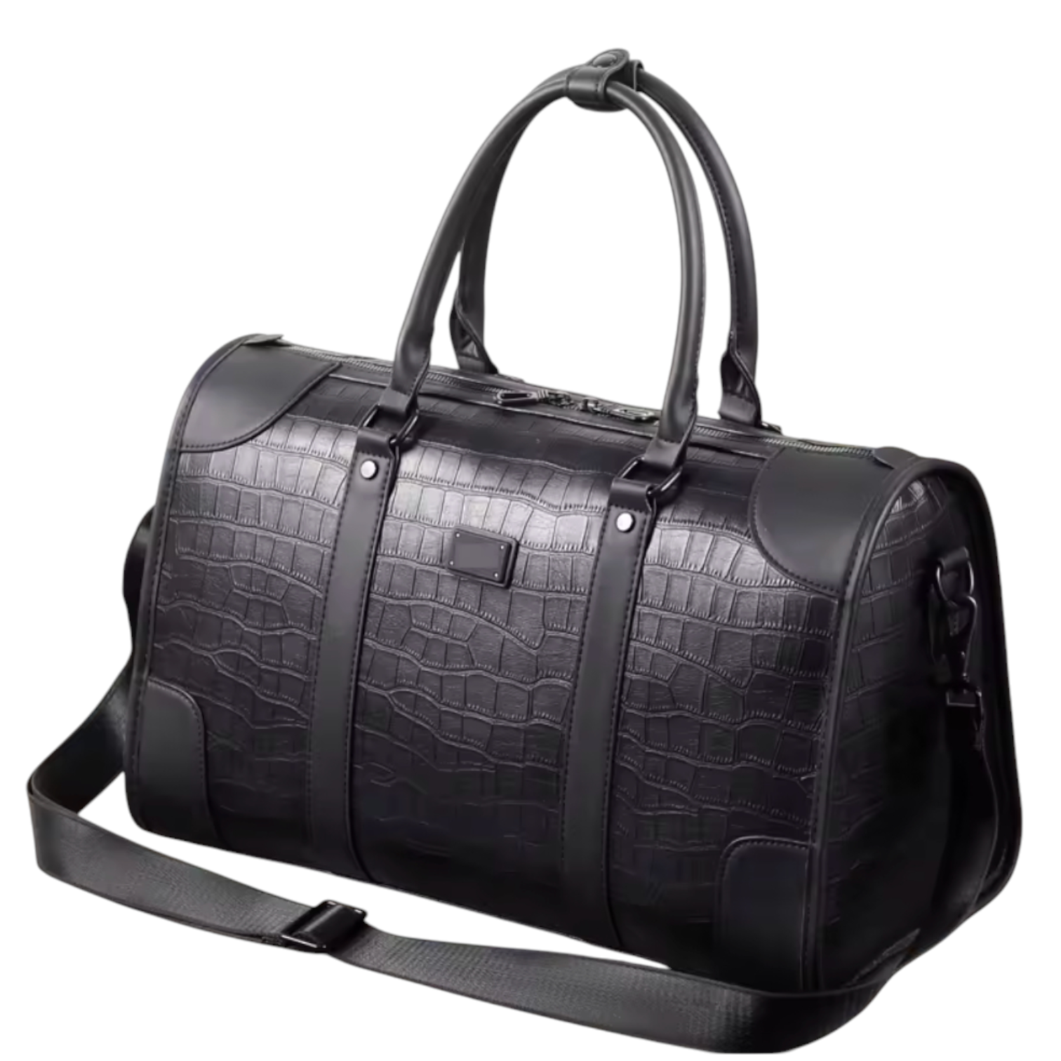 Black textured duffel bag with straps on a white background
