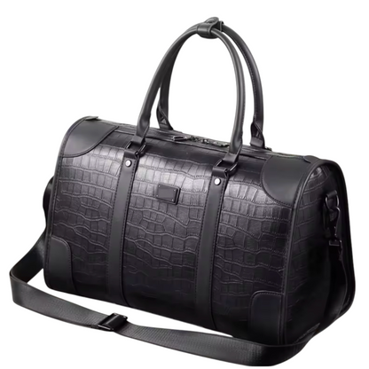 Black textured duffel bag with straps on a white background