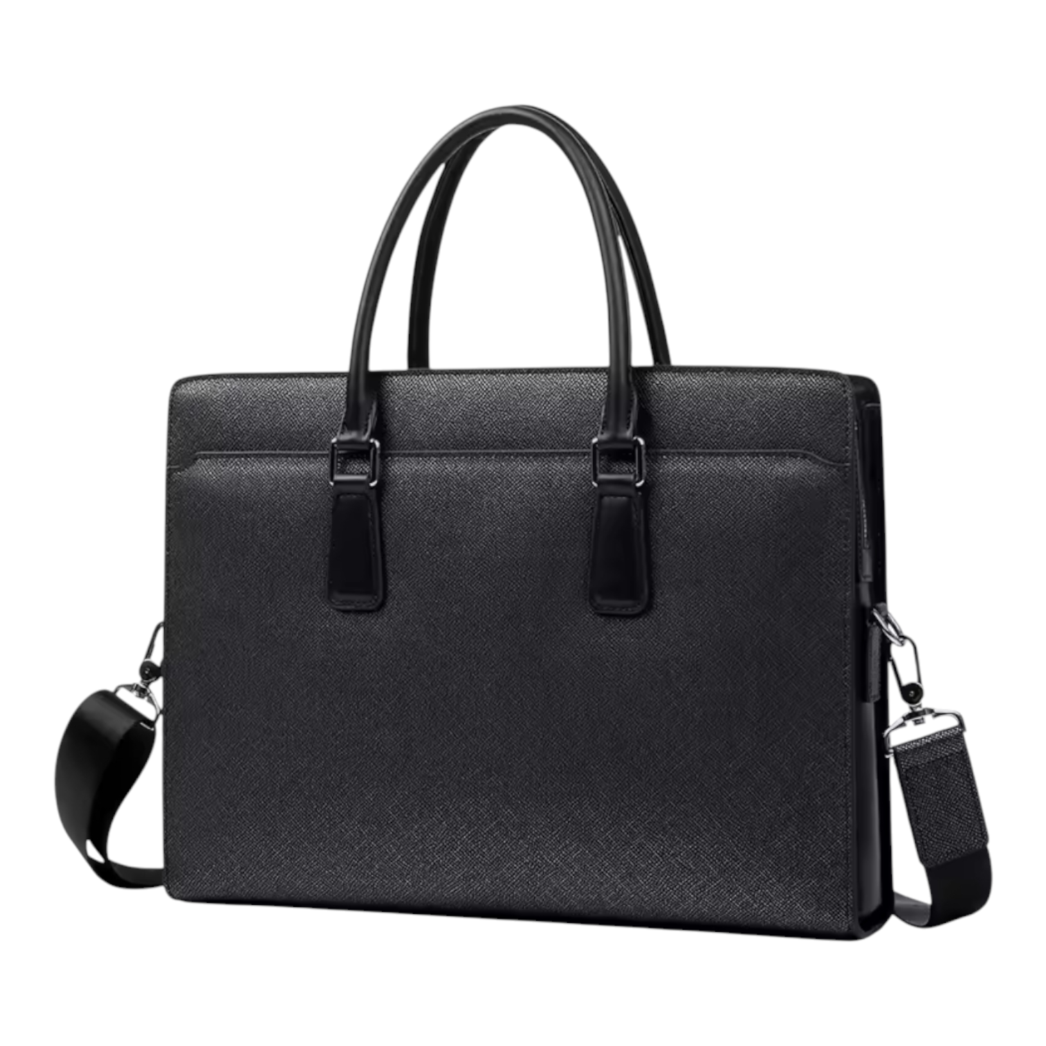 Black leather messenger bag with shoulder strap on a white background