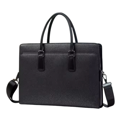 Black leather messenger bag with shoulder strap on a white background