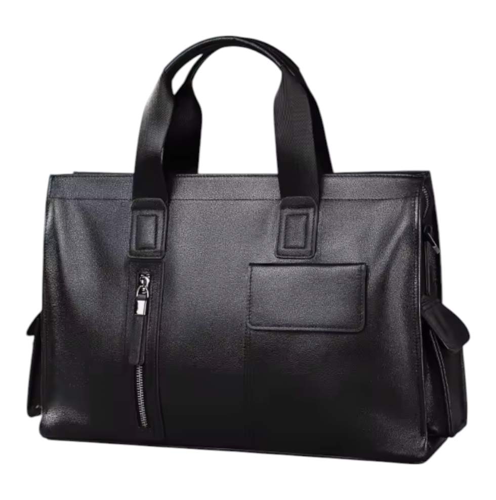 Black leather bag with a shoulder strap on a white background