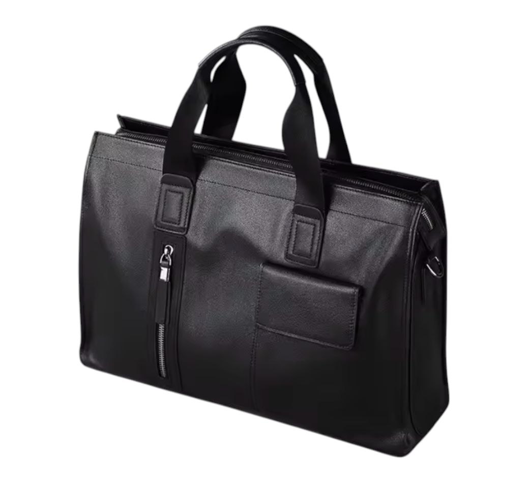 Side view of a black leather messenger bag on a white background