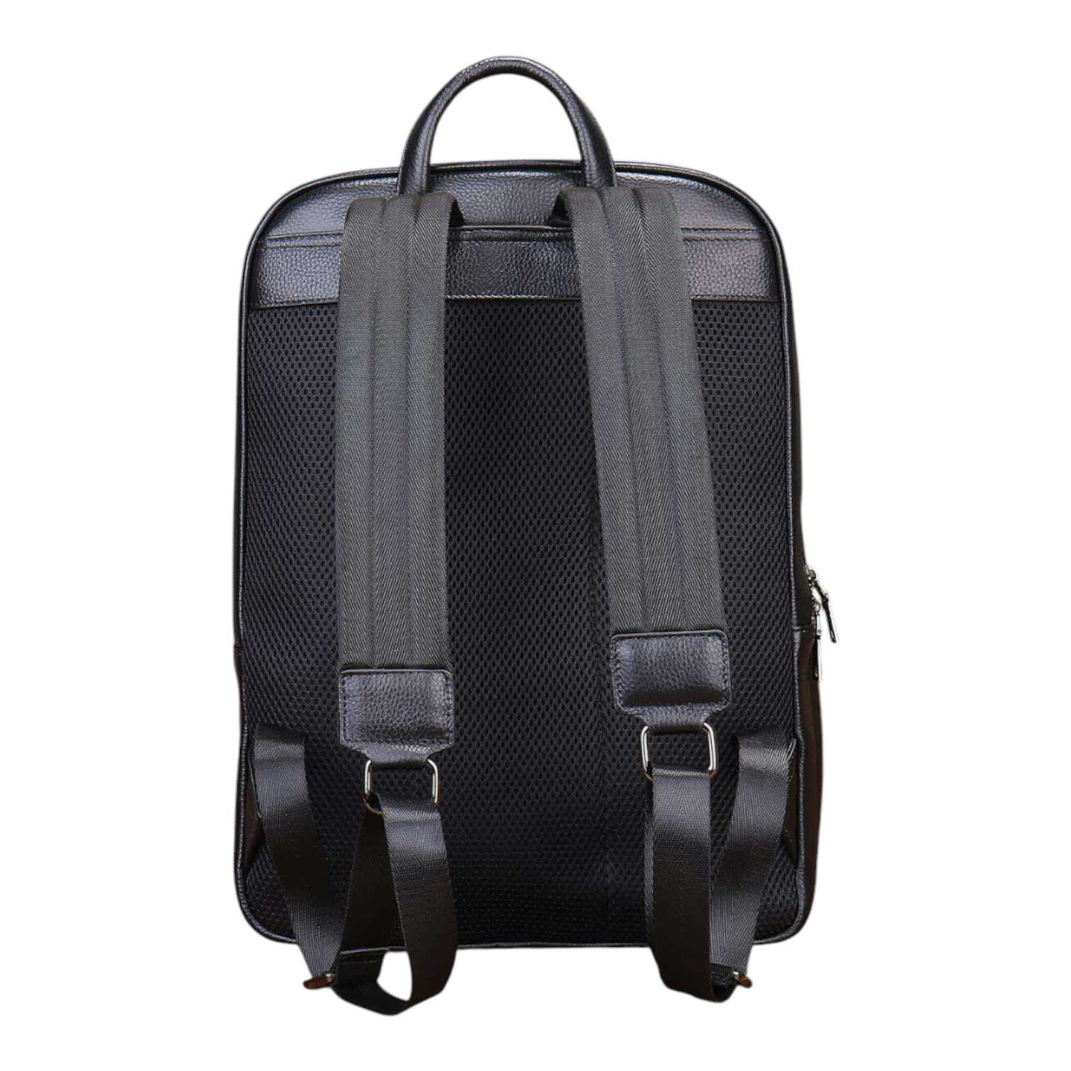 Black backpack with mesh back panel on a white background