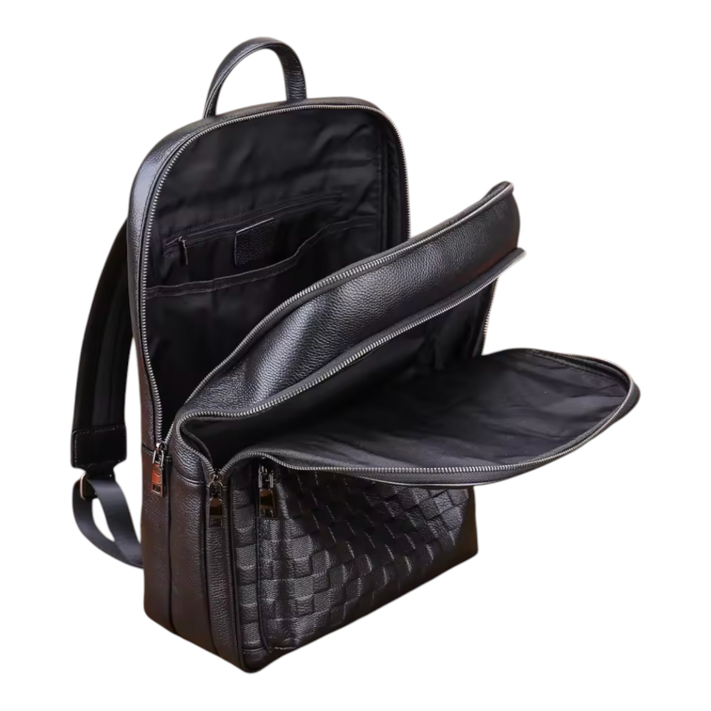 Black backpack with open front compartment on a white background
