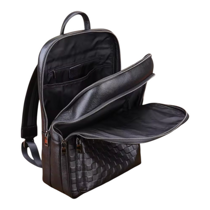 Black backpack with open front compartment on a white background