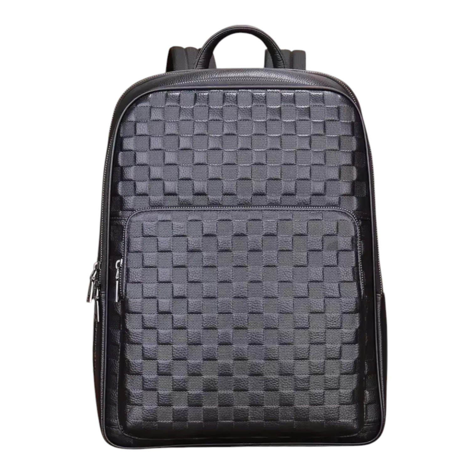 Black woven pattern backpack on a white background