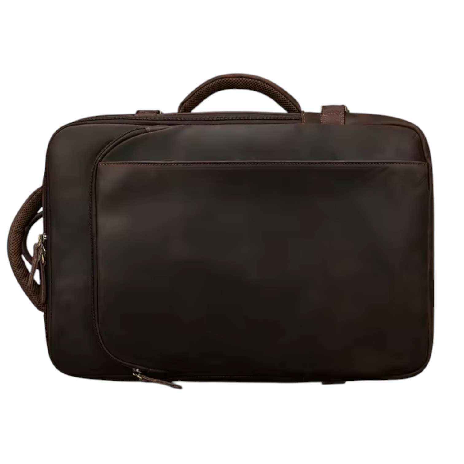 Landscape view of a brown leather briefcase on a white background