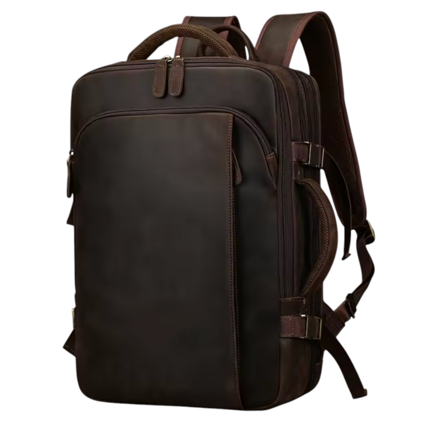 Side view of a brown leather backpack on a white background