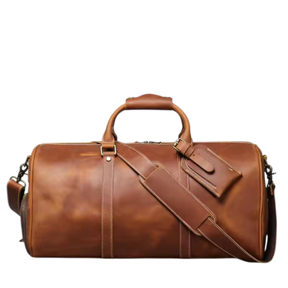 Brown leather duffel bag on a white background