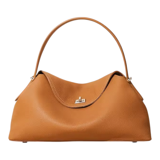 Brown leather handbag on a white background