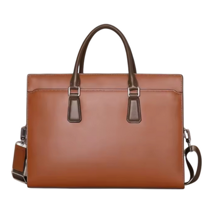 Brown leather messenger bag with shoulder strap on a white background