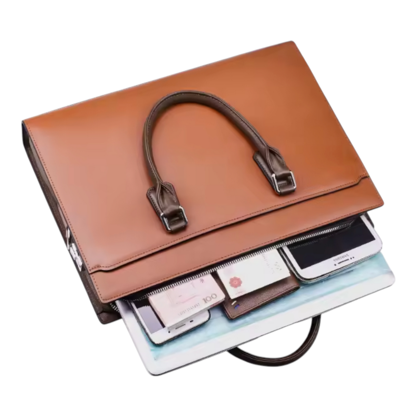 Brown leather messenger bag with a white surface underneath