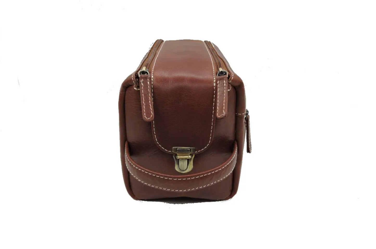 Main side view of a brown leather bag with a buckle on a white background