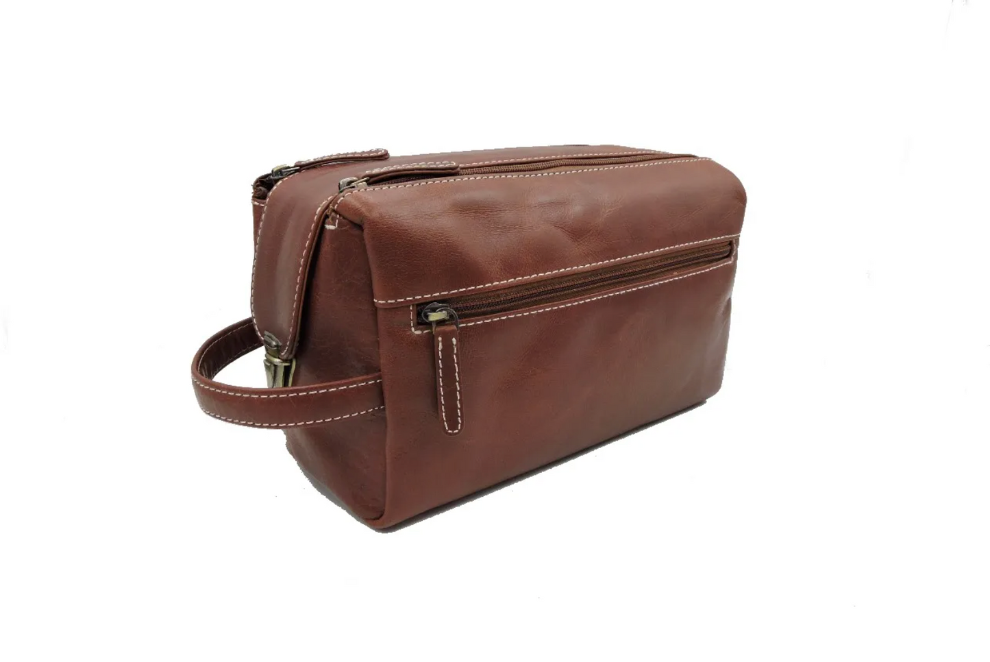 Brown leather toiletry bag with a handle on a white background