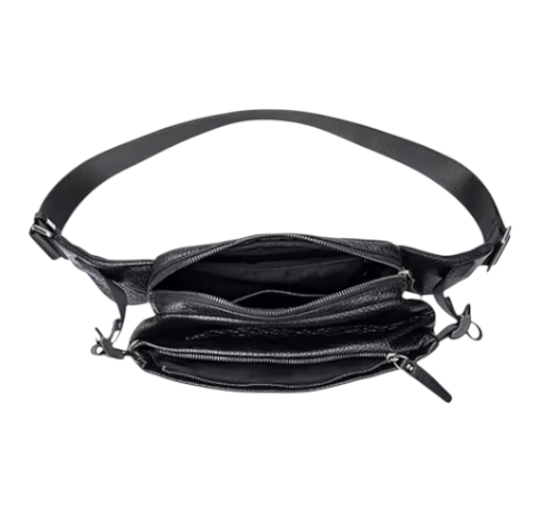 Black waist bag with multiple zippers on a white background