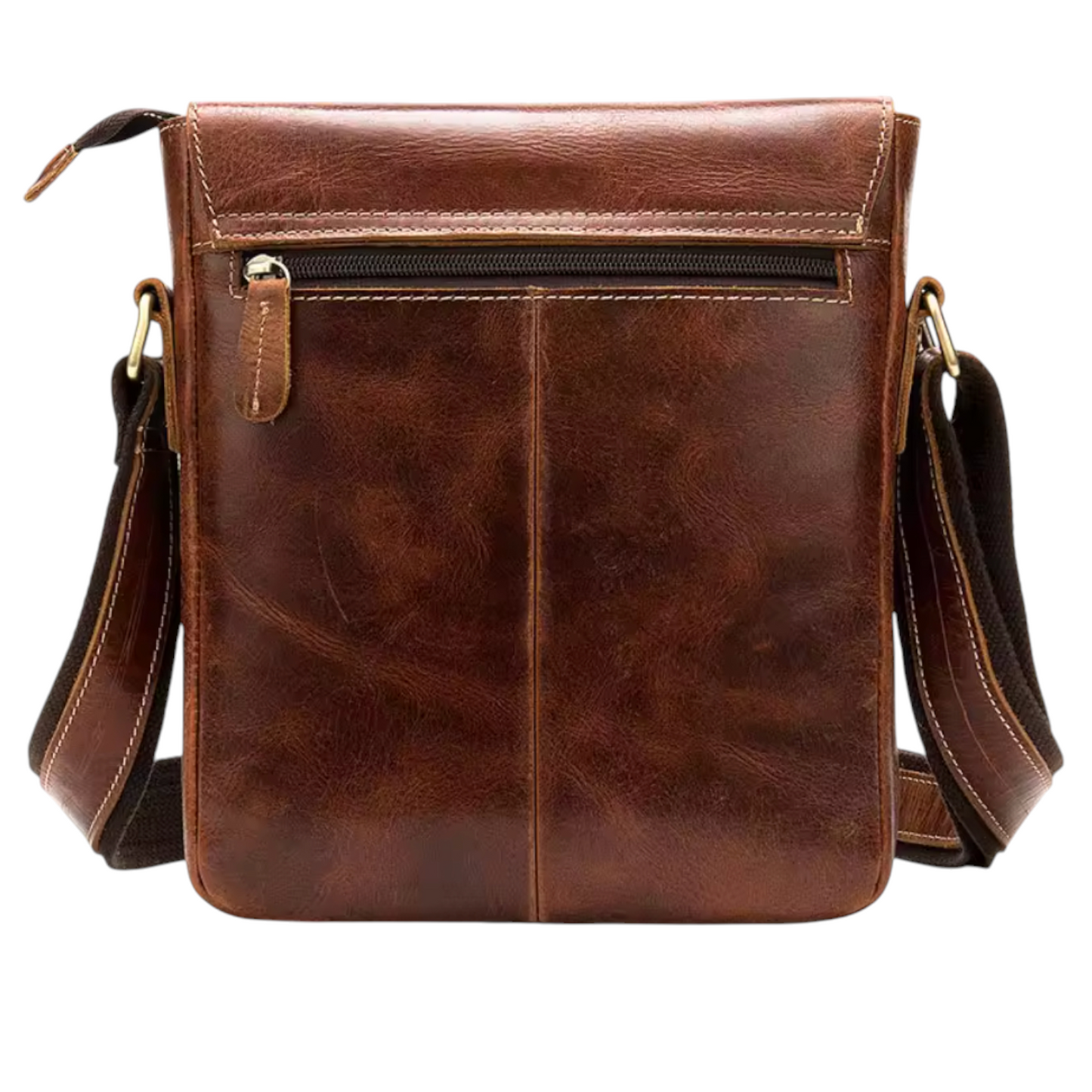 Dark brown leather crossbody bag on a white background