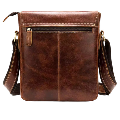 Dark brown leather crossbody bag on a white background