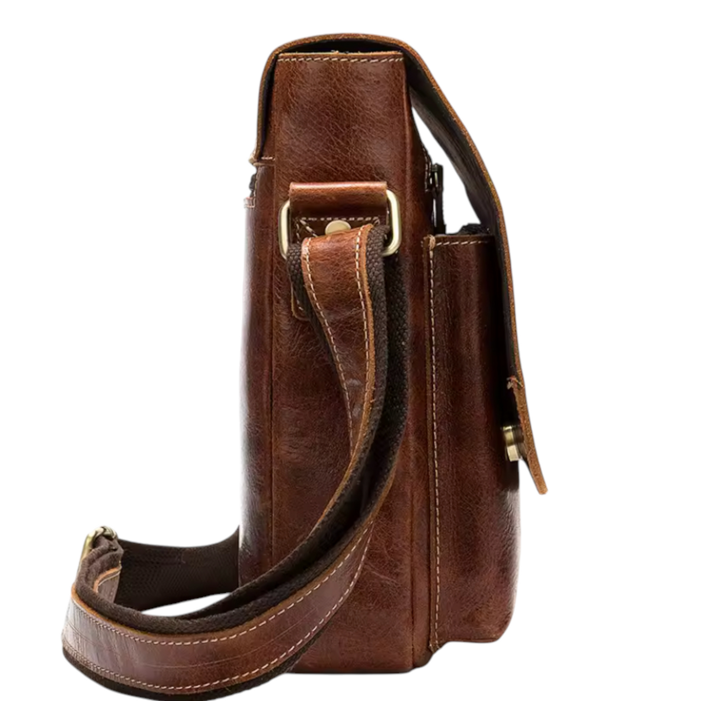 Side view of a brown leather crossbody bag with a strap on a white background