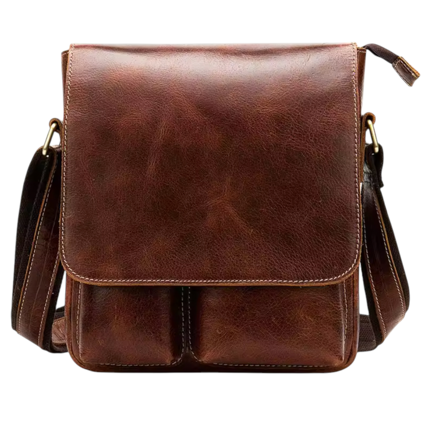Dark brown leather sling bag on a white background