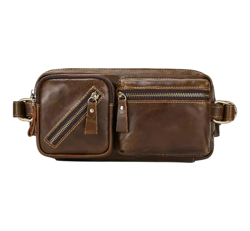 Brown leather waist bag with multiple zippers on a white background