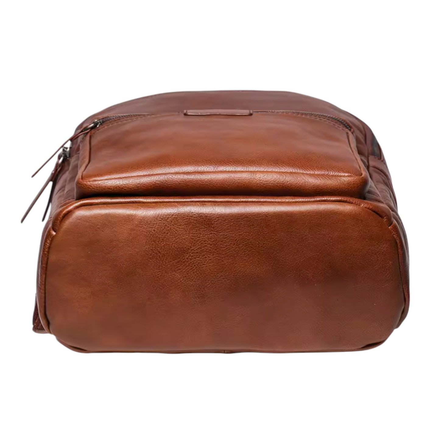 Bottom view of a brown leather backpack on a white background