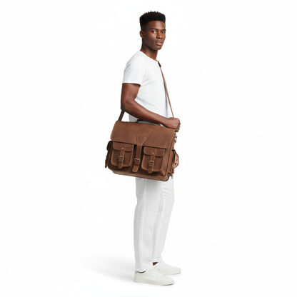 Man carrying a brown leather bag on a white background
