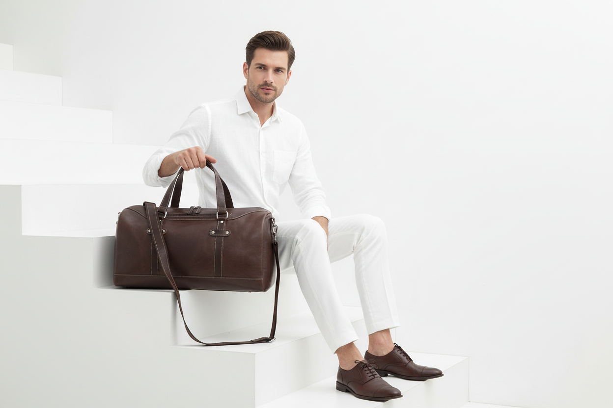 Man holding a brown leather duffel bag against a white background