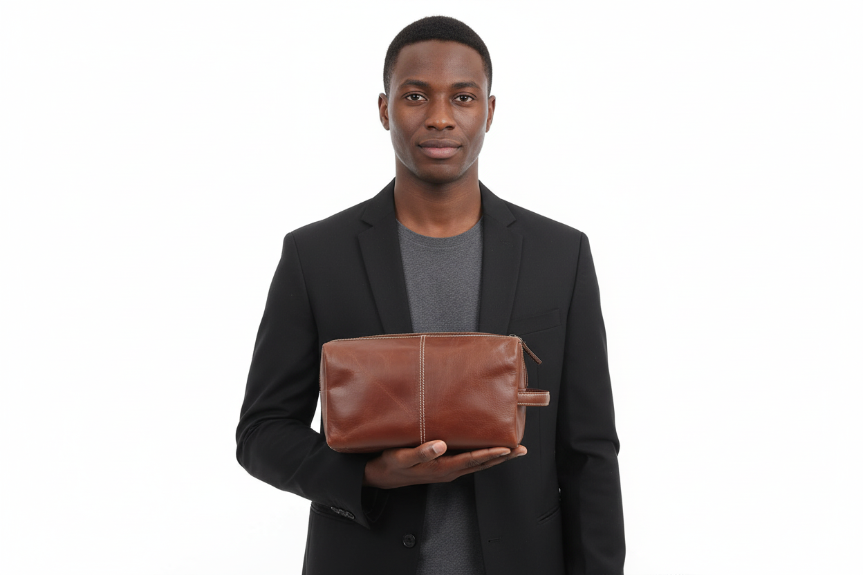 Man holding a brown leather toiletry bag against a white background