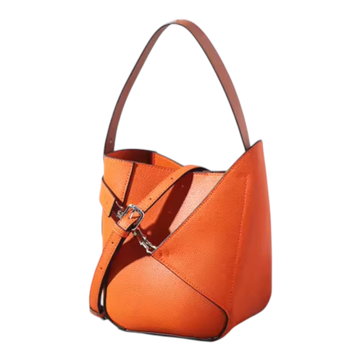 Orange handbag with brown handle on a white background