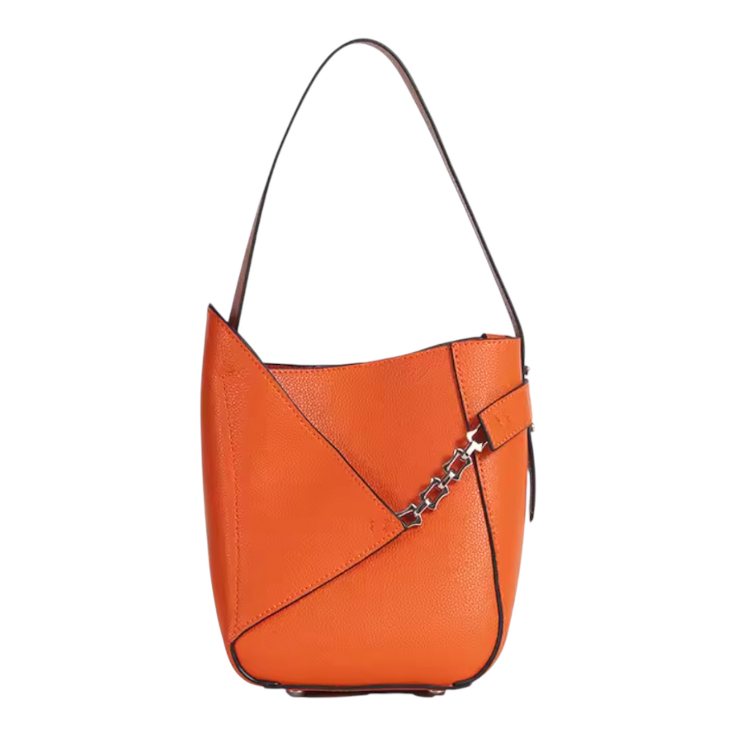 Orange handbag with a chain detail on a white background