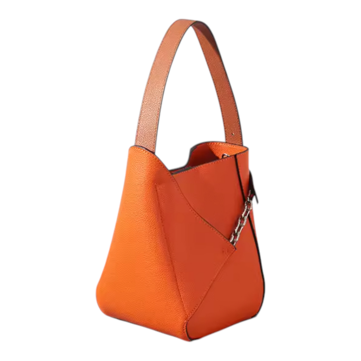 Orange handbag with a strap on a white background