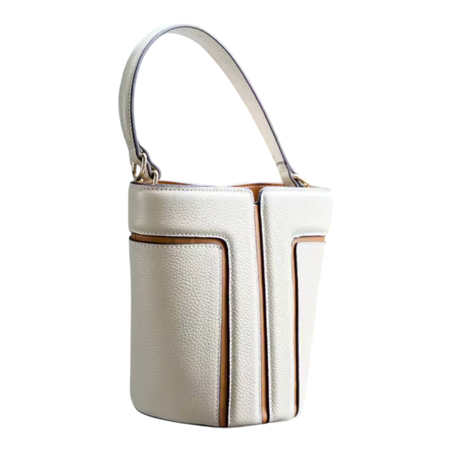 White handbag with a brown stripe on a white background
