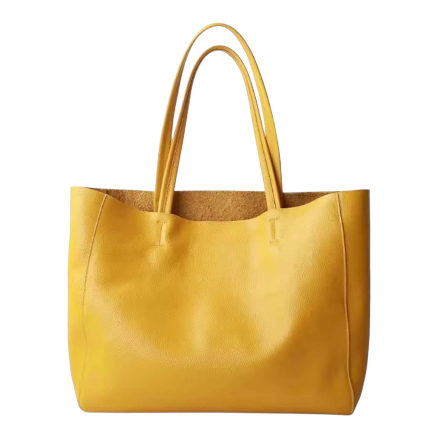 Front view of a yellow leather tote bag on a white background