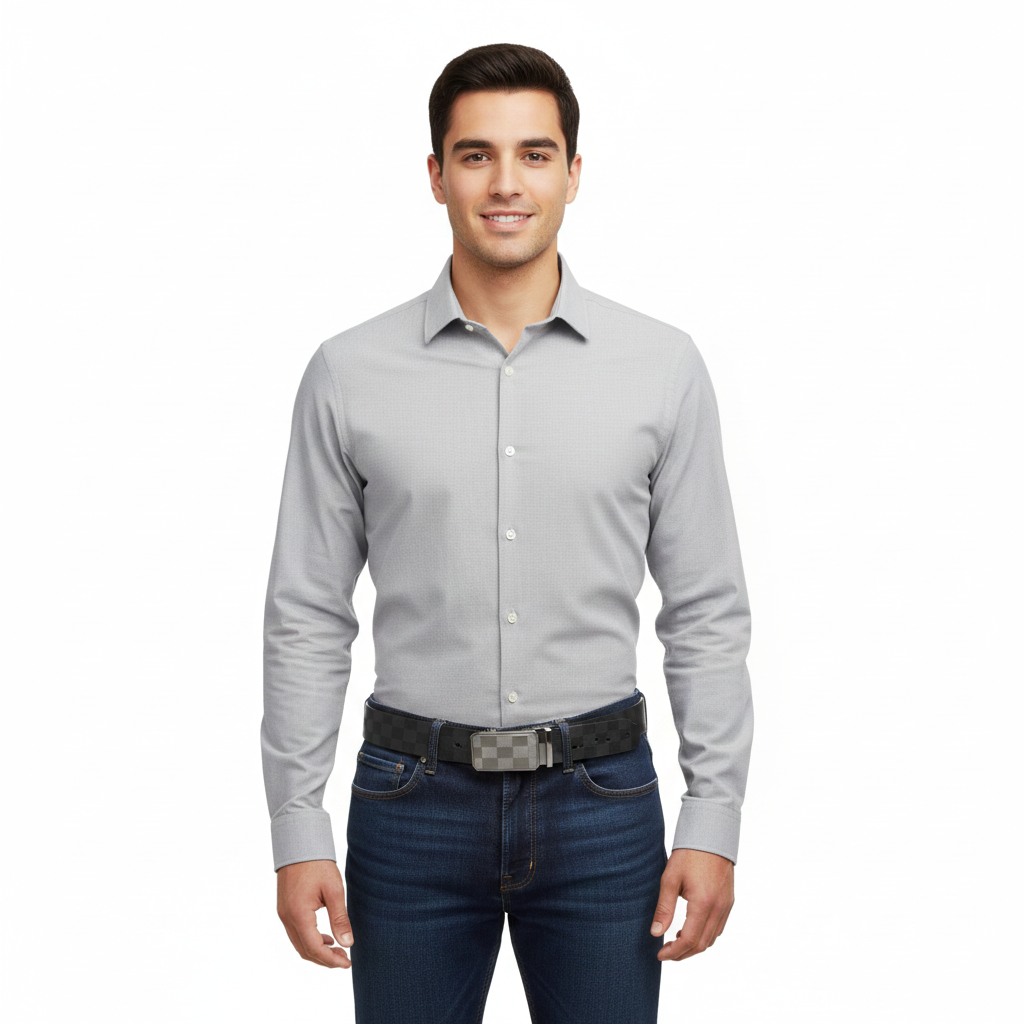 Man wearing a light gray dress shirt and dark jeans on a white background