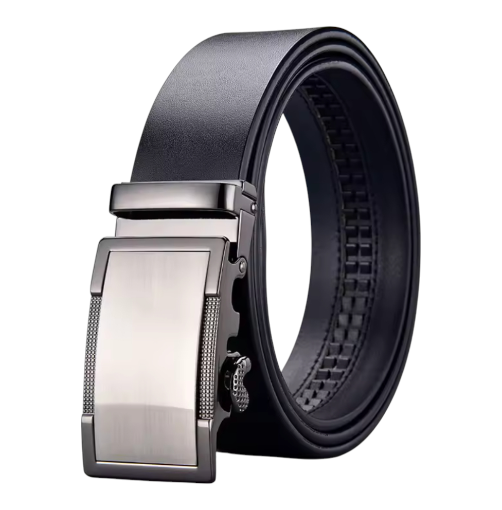 Black belt with silver buckle on a white background