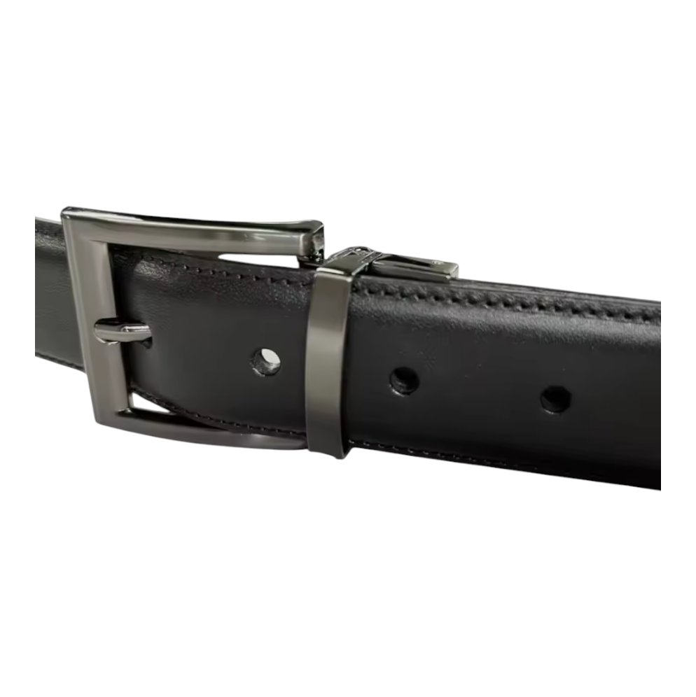 Close up view black leather belt with a silver buckle on a white background