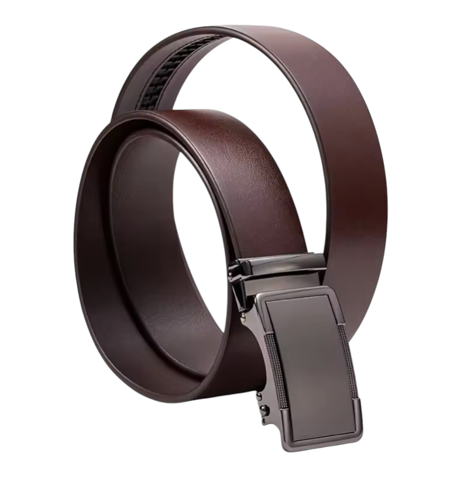 Black leather belt with a silver buckle on a white background