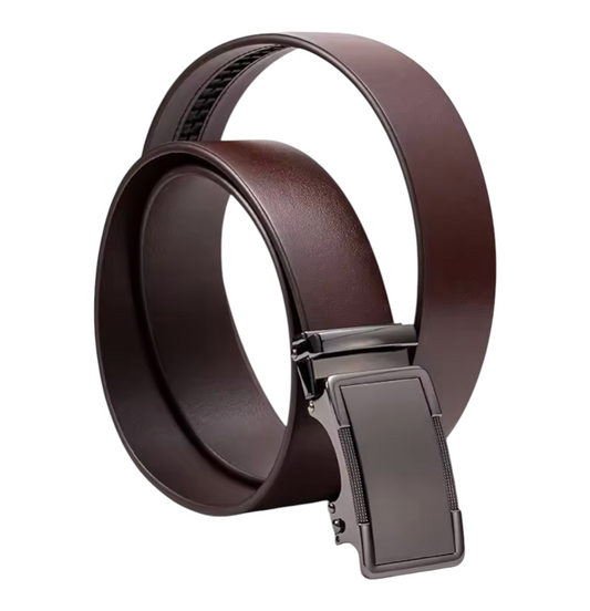 Black leather belt with a silver buckle on a white background