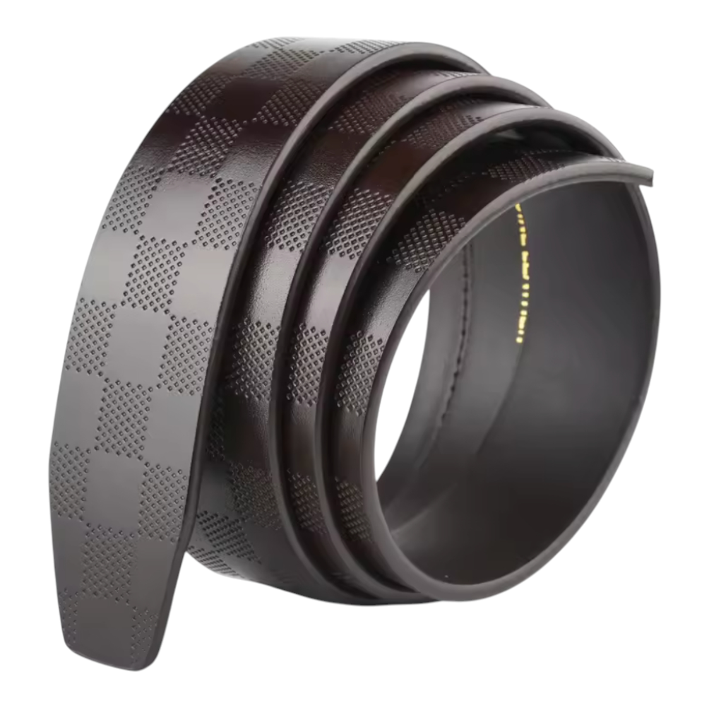 Two black textured belts stacked on a white background
