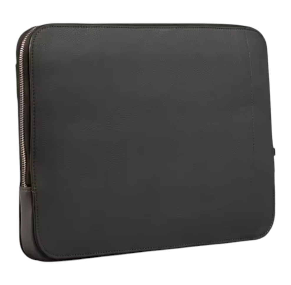 side view of a black leather laptop sleeve on a white background